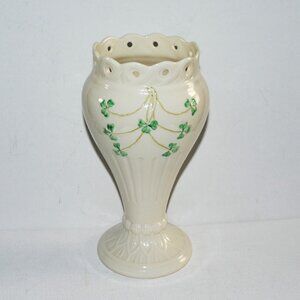 Belleek Porcelain Vase Pierced Top Border White With Green Shamrocks Home Decor